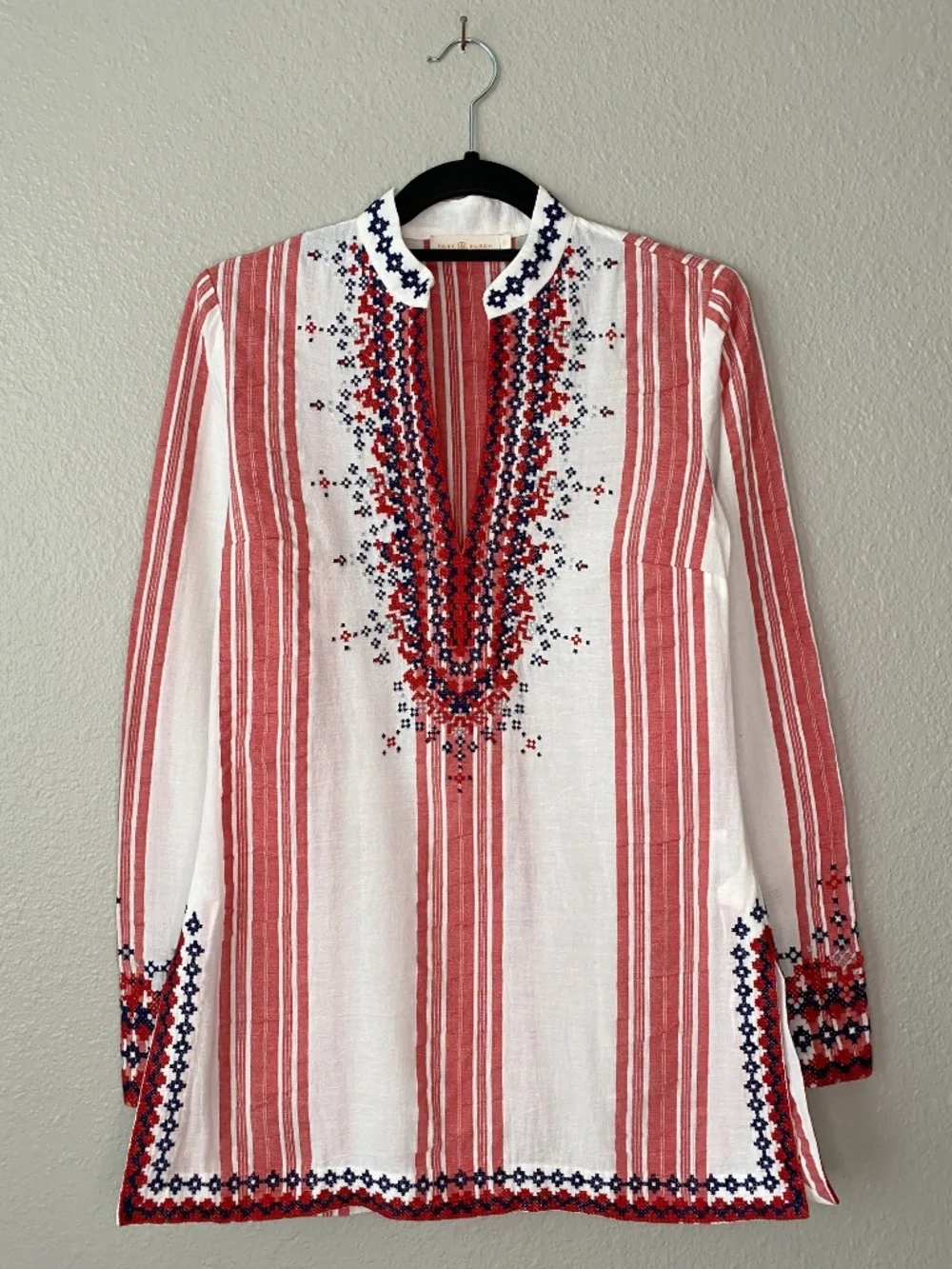 Tory Burch Embroidered Striped Tunic Top White Red Size 2